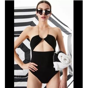 Alice + Olivia Sariya Cutout Bodysuit Black Thong Back Chain Neck Large (E)